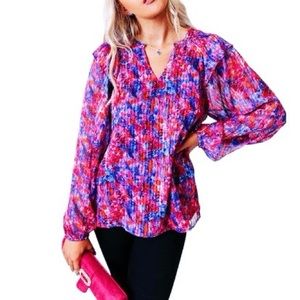 Skies Are Blue Smocked Cobalt & Hot Pink Print Top